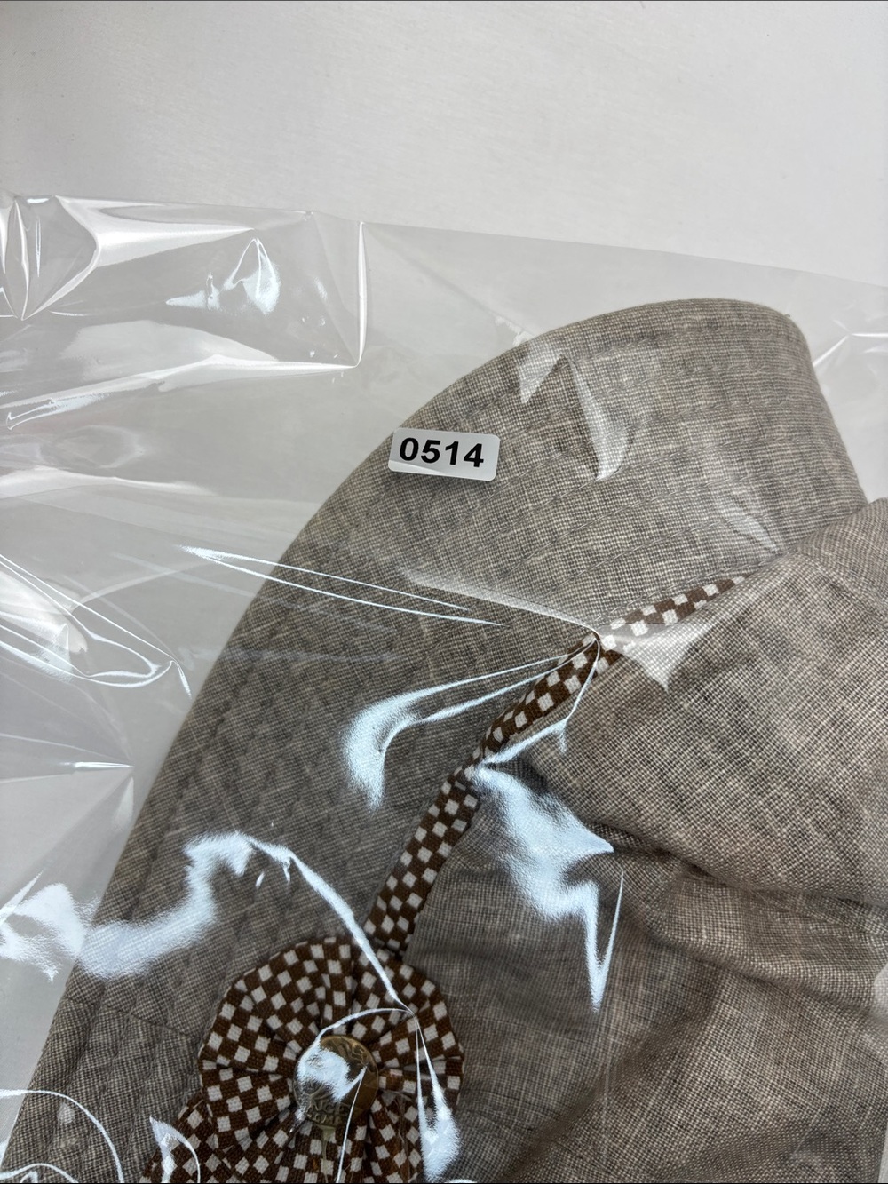 Neutral Linen-Look Bucket Hat with Brown Check Flower Accent#514 - Picture 10 of 10